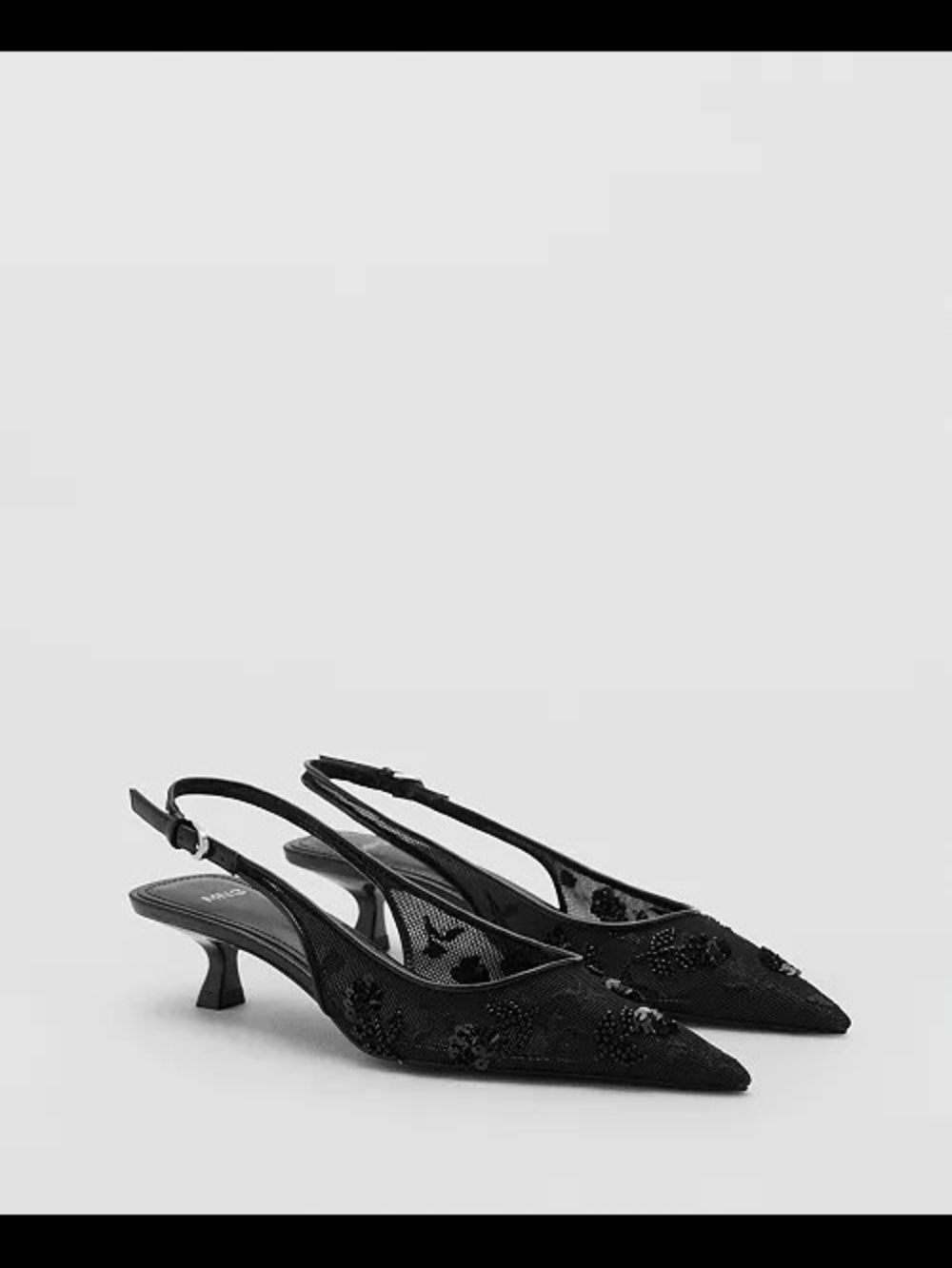 Mango Black Beaded Pointed Slingback Kitten Heels